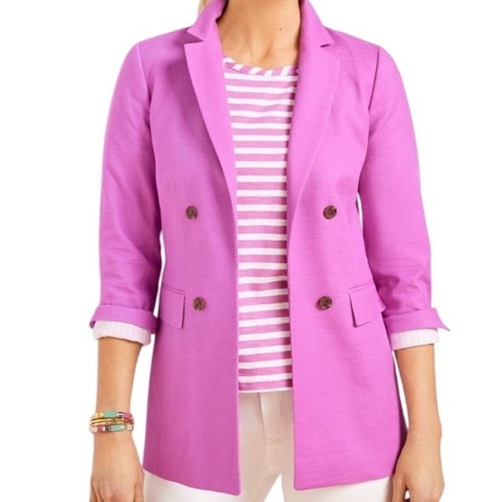 Talbots Women's Textured‎ Cotton Open Front Blazer Jacket Pink Size 12 Preppy